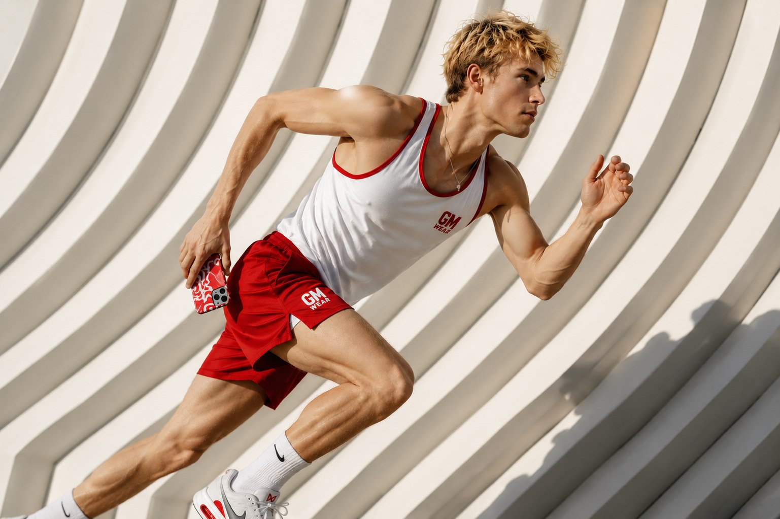 model sprinting with a monte phone case