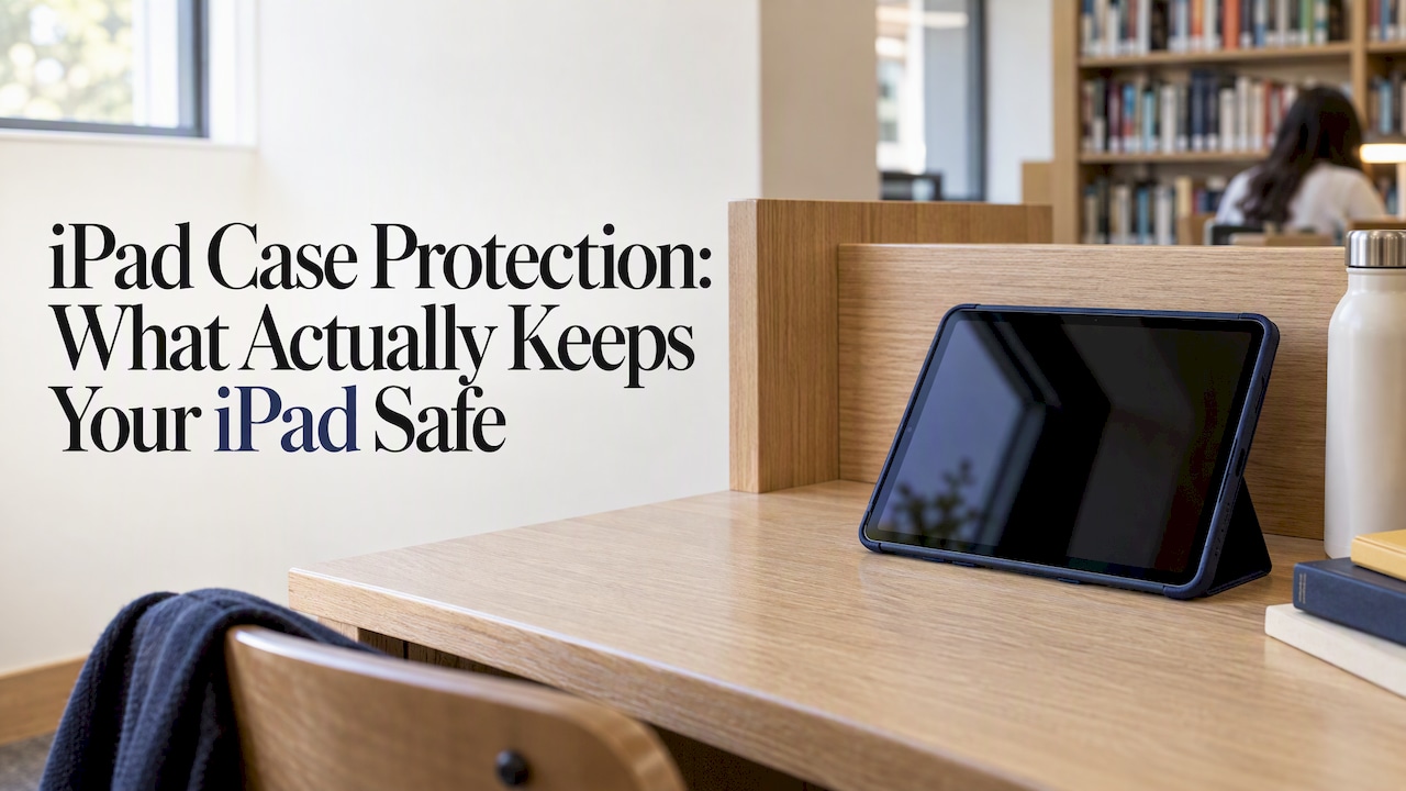 iPad resting in a navy protective case